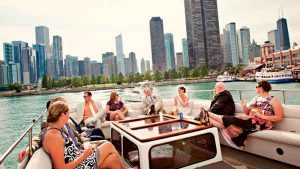 Wedding guests enjoying themselves on a charter yacht in Chicago IL