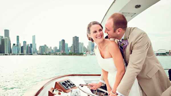 A wedding couple on a charter yacht in Chicago IL