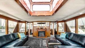 a central view of the fire place on board a yacht in Chicago IL